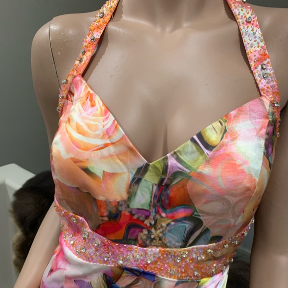 New Floral-Print Satin Halter Beaded Party Dress with Shawl - Picture 8 of 15